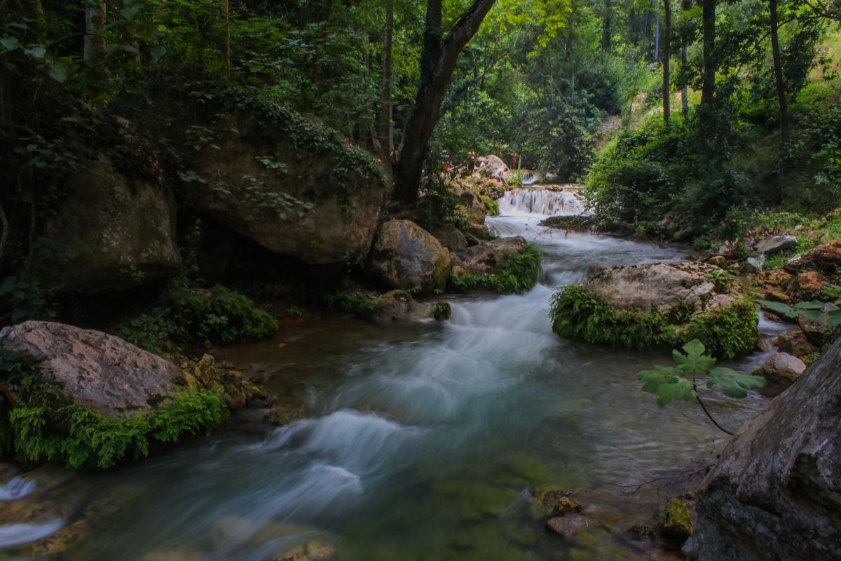 Ρέμα με τρεχούμενο νερό ανάμεσα σε βράχια και δέντρα. Ενδεικτική φωτογραφία, όχι από τη Σκιάθο ή το συγκεκριμένο έργο.